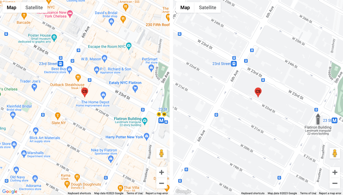 Left: the default Google map. Right: a retail-optimized Google Map, explained in more detail in the next chapter