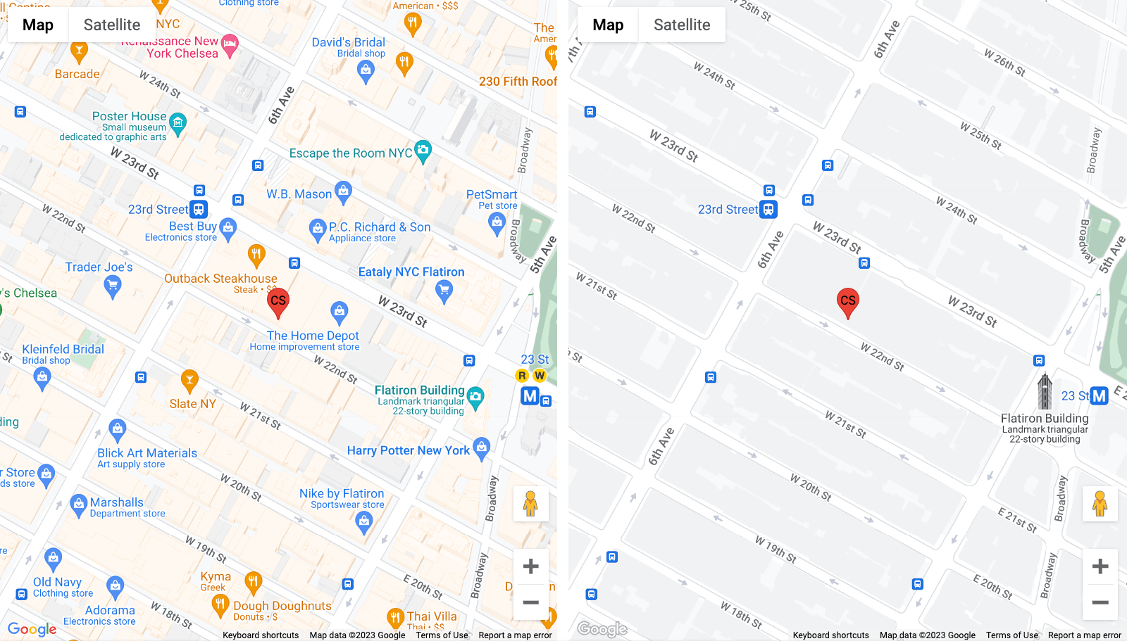 Left: the default Google map. Right: a retail-optimized Google Map, explained in more detail in the next chapter