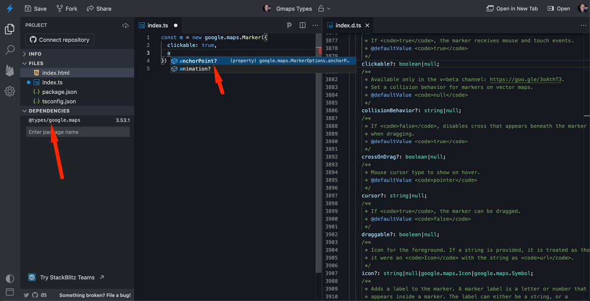 Code completion and `DefinitelyTyped` [typings](https://github.com/DefinitelyTyped/DefinitelyTyped/blob/master/types/google.maps/index.d.ts) for Google Maps