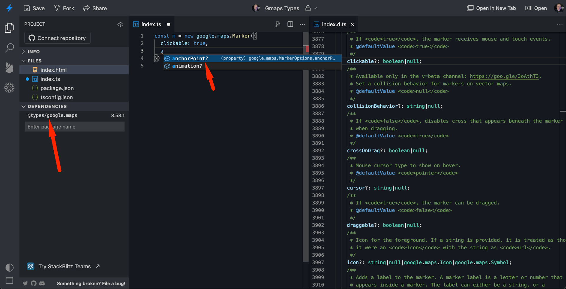 Code completion and `DefinitelyTyped` [typings](https://github.com/DefinitelyTyped/DefinitelyTyped/blob/master/types/google.maps/index.d.ts) for Google Maps