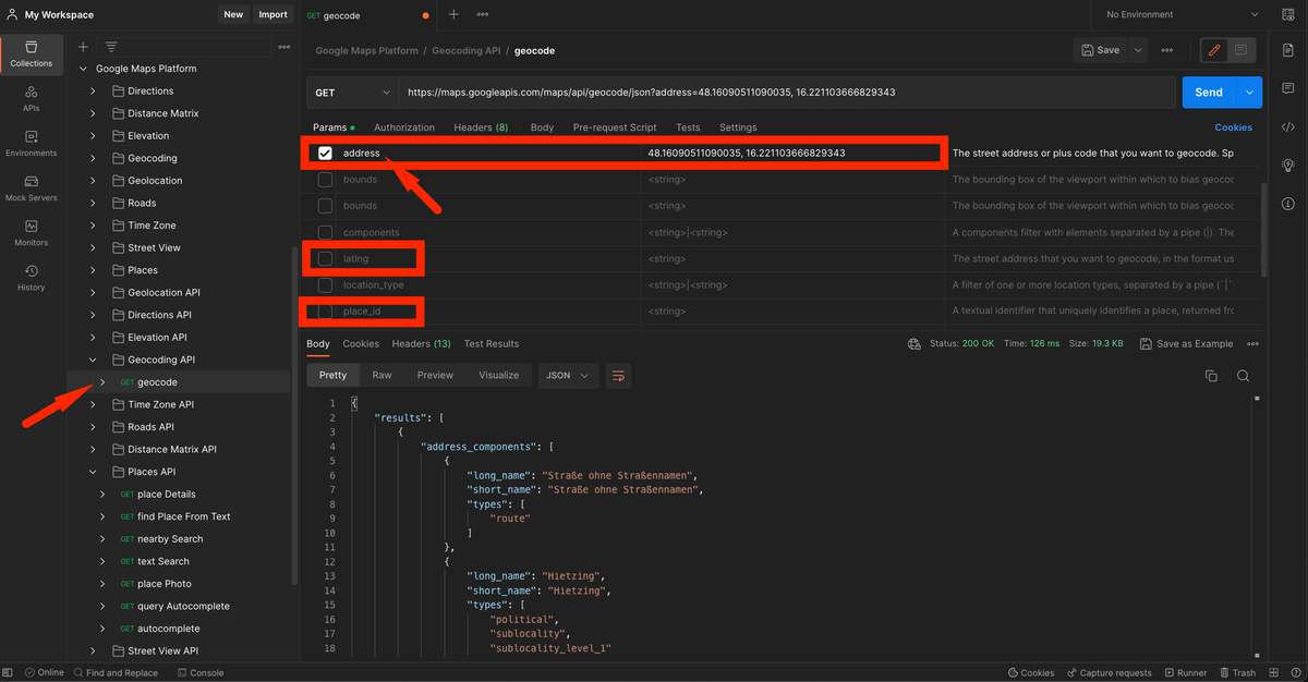 Using Postman to request the Geocoding API