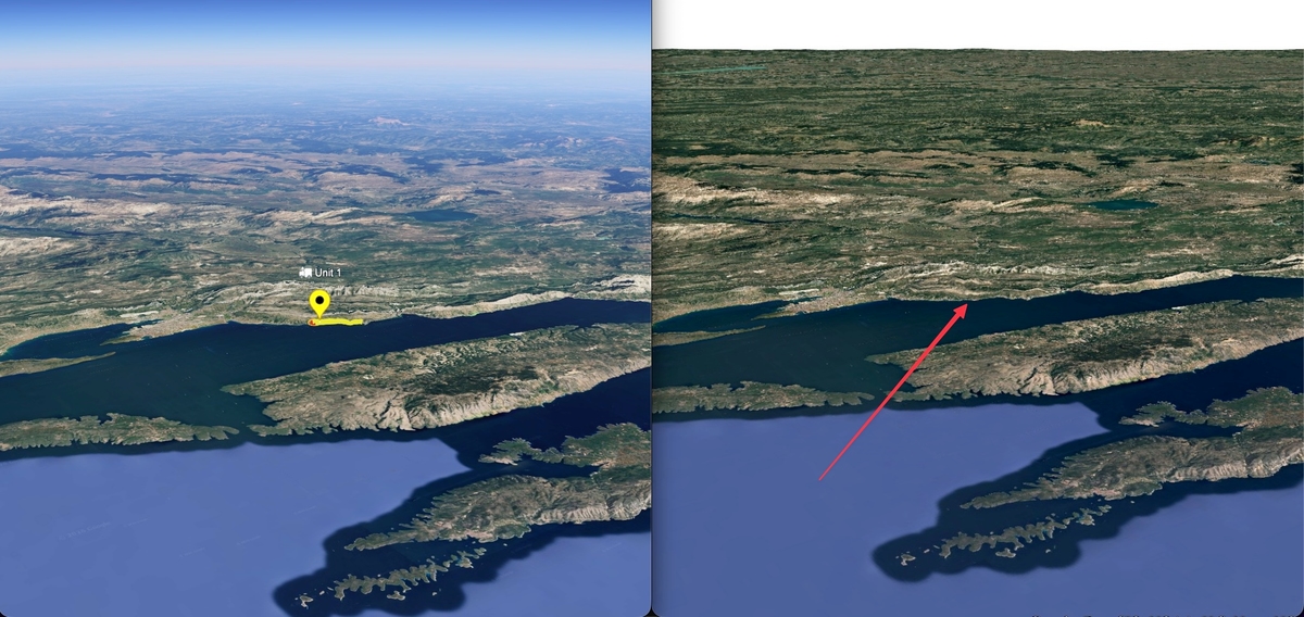 Side-by-side comparison: Native 3D Maps (left) shows atmospheric haze, sky gradient, and visible markers at the horizon, while deck.gl with 3D Tiles (right) has an abrupt tile cutoff with no sky and missing overlays