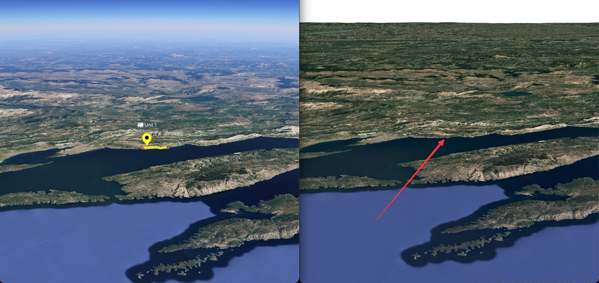 Side-by-side comparison: Native 3D Maps (left) shows atmospheric haze, sky gradient, and visible markers at the horizon, while deck.gl with 3D Tiles (right) has an abrupt tile cutoff with no sky and missing overlays