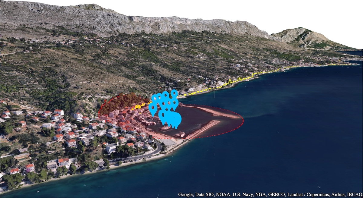 deck.gl visualization showing 3D pin markers, navigation route, and fire incident zone draped on Google Photorealistic 3D Tiles at Krilo Beach, Croatia