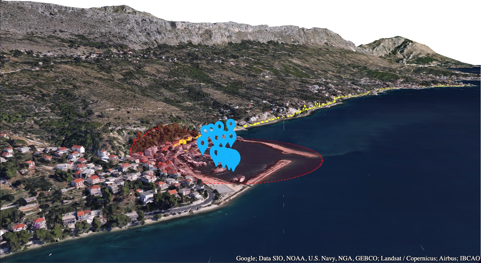 deck.gl visualization showing 3D pin markers, navigation route, and fire incident zone draped on Google Photorealistic 3D Tiles at Krilo Beach, Croatia