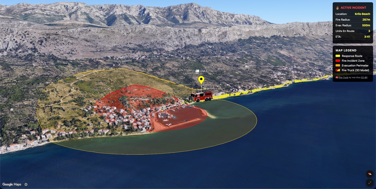 Emergency response dashboard showing fire incident zone and response route on Google Maps 3D