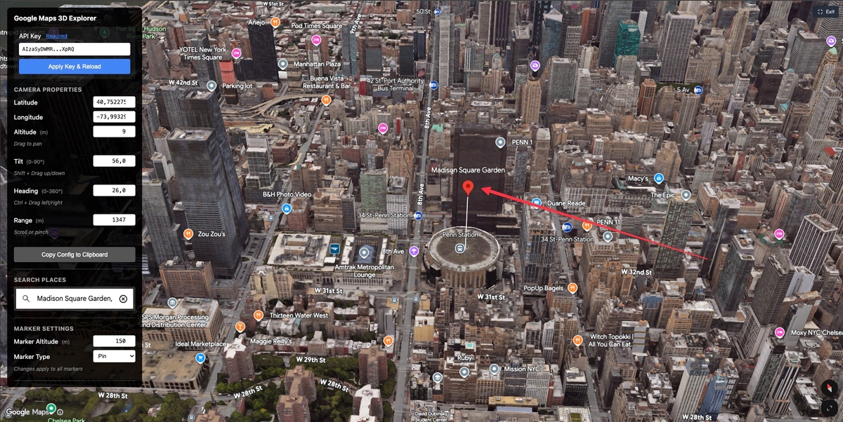 3D marker floating at altitude with extruded line connecting to ground level on Google Maps