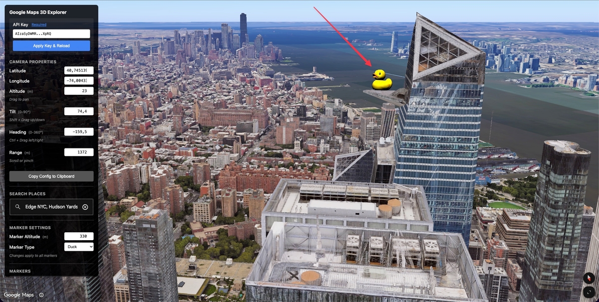 Custom 3D glTF model rendered on Google Maps 3D using Model3DElement