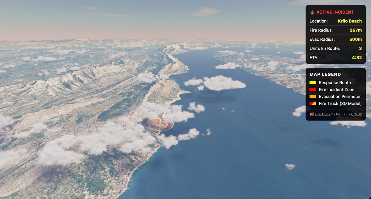 Volumetric clouds casting shadows onto Google 3D Tiles terrain with terrain-draped overlays rendered using three-geospatial