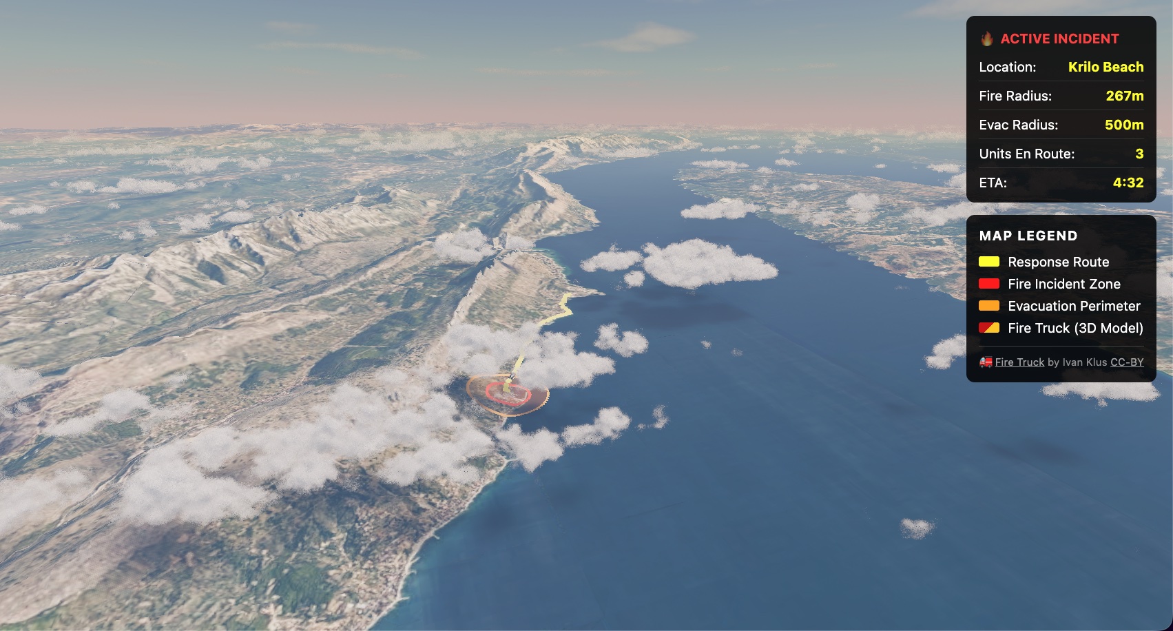 Volumetric clouds casting shadows onto Google 3D Tiles terrain with terrain-draped overlays rendered using three-geospatial