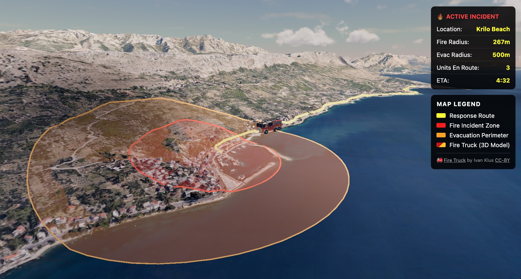 Emergency response dashboard rendered with Three.js, 3DTilesRendererJS and three-geospatial showing photorealistic terrain with atmospheric sky, volumetric clouds, and terrain-draped overlays