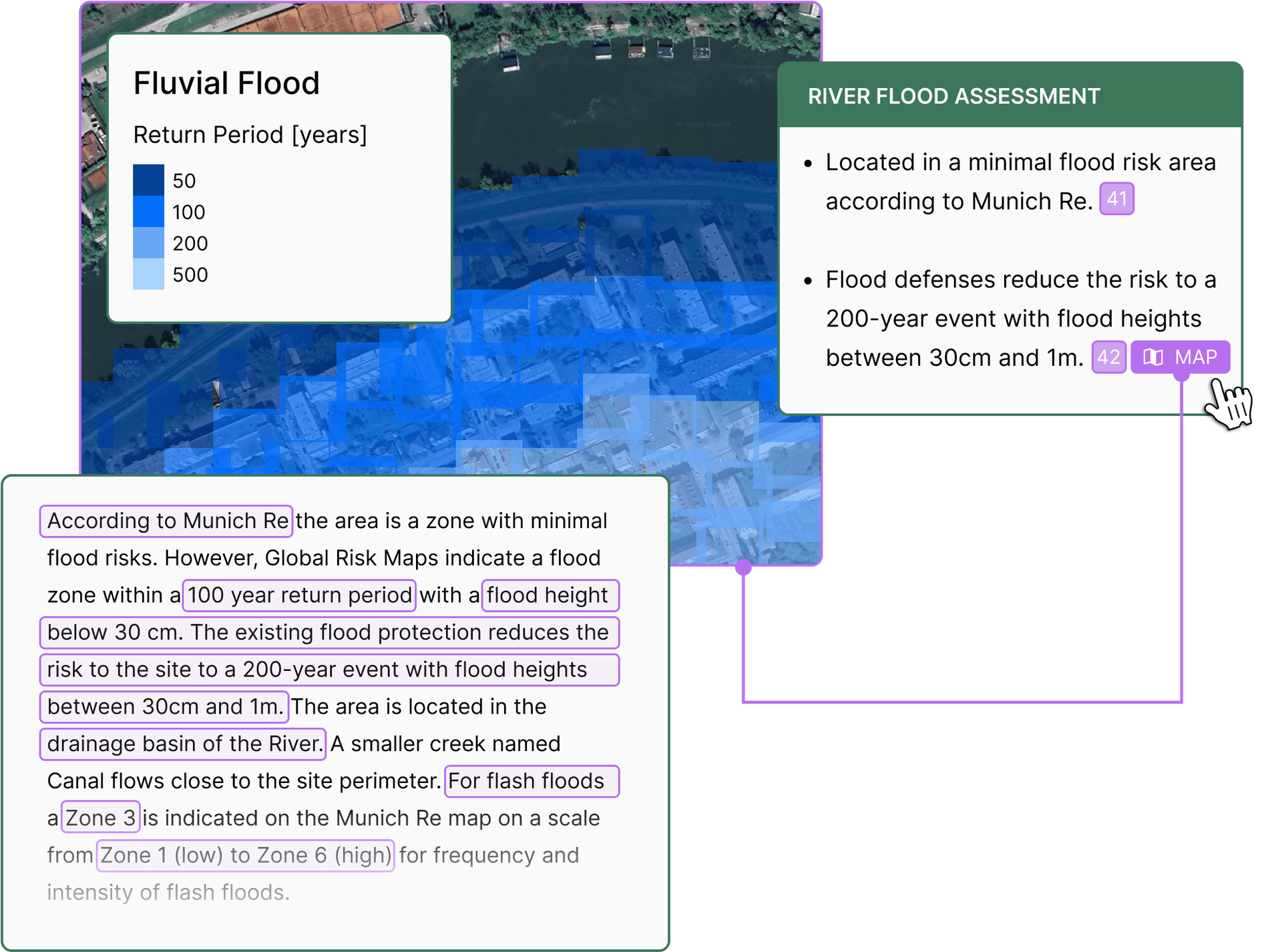 AI-powered document analysis interface extracting key policy information from insurance documents with highlighted data points