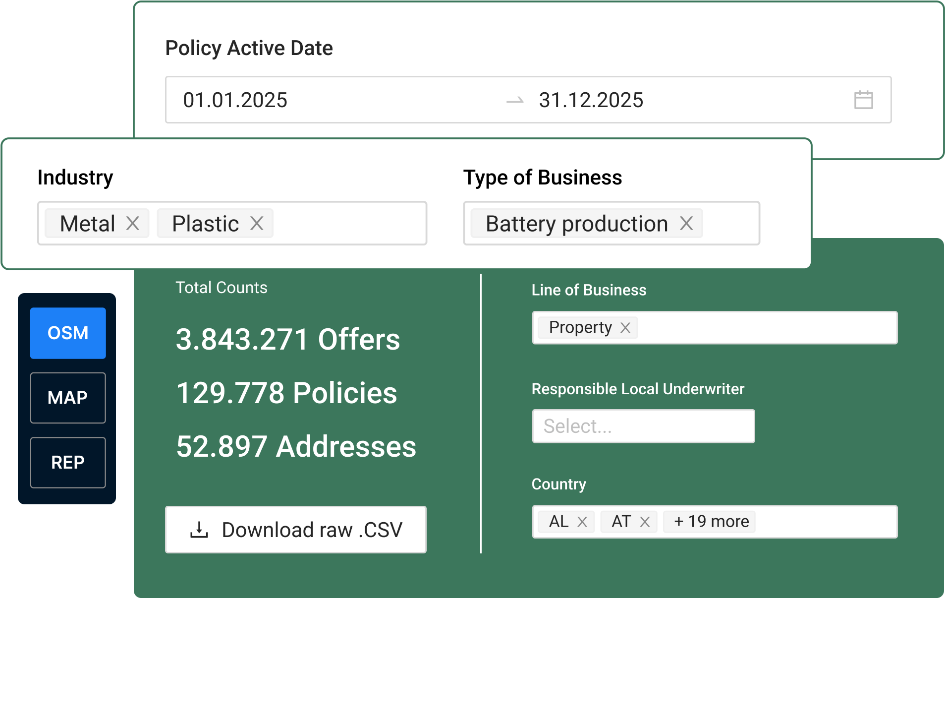 Catastrophe risk modeling dashboard showing flood zone analysis with property portfolio overlay for insurance assessment