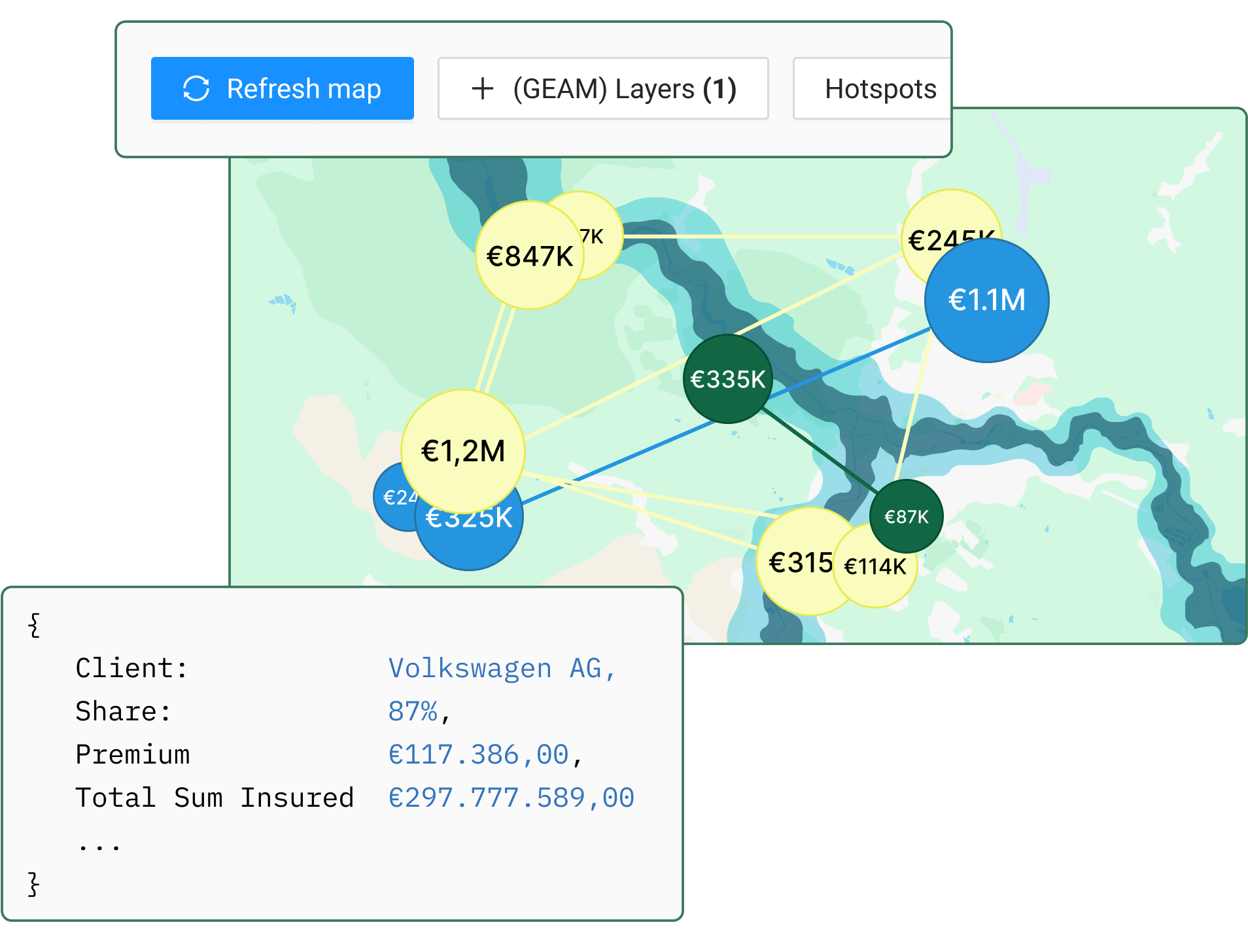 Natural hazard mapping interface displaying multi-layer risk visualization with affected properties highlighted