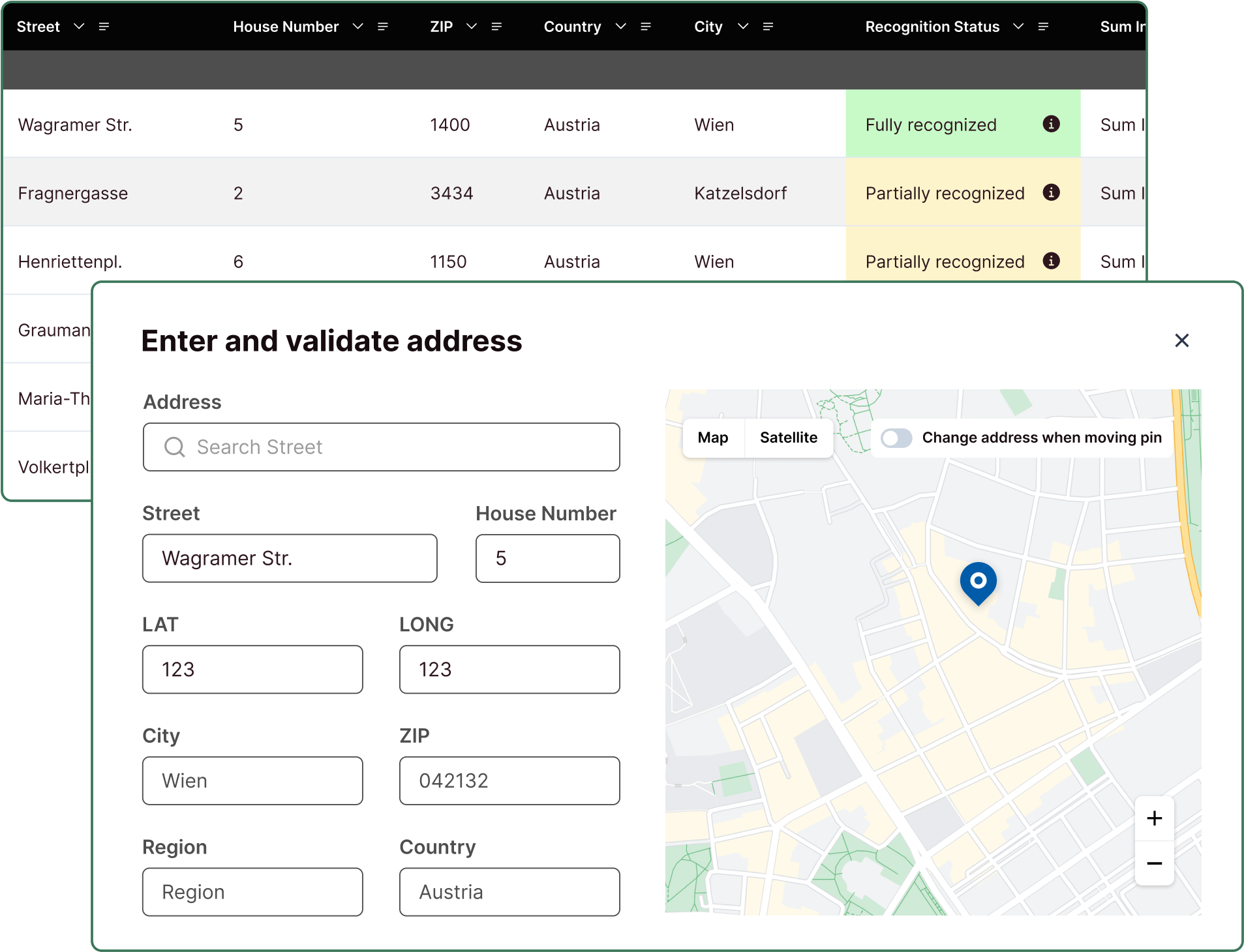 Interactive map showing property assessment with color-coded risk zones for underwriting evaluation