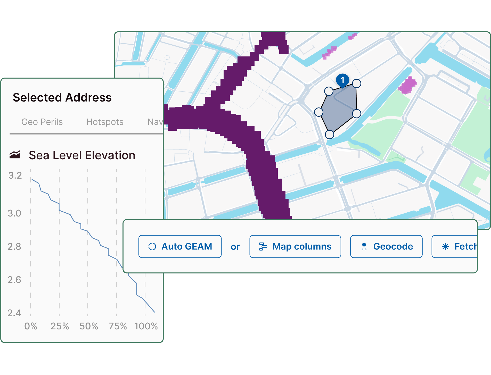 Automated report generation interface showing property portfolio insights with comprehensive risk visualization